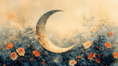 Moon and flowers on grunge background. Ramadan Kareem greeting card.の素材