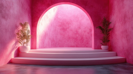 pink podium with plant and arch, minimal scene, 3d renderの素材