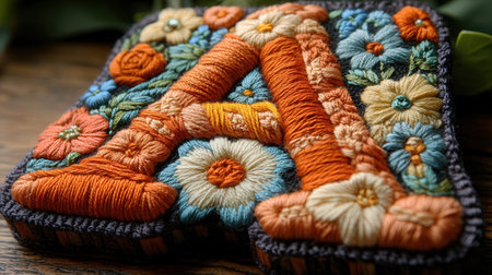 Handmade embroidery background. Colorful handmade crochetingの素材