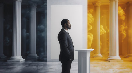 Side view of a black businessman standing in front of a white column in an empty room with columns. A concept of leadership. 3d rendering mock up toned image double exposureの素材