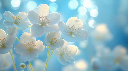 White jasmine flowers on a blue background with bokehの素材