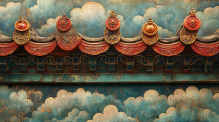 Ancient Chinese temple roof in the blue sky and clouds, close upの素材