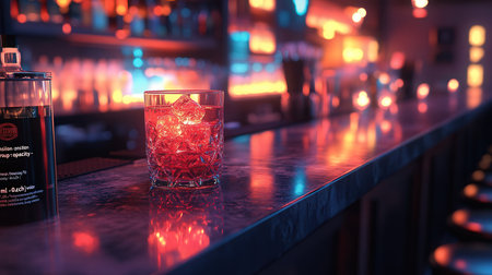 Red cocktail with ice cubes on the bar counter in a nightclub.の素材