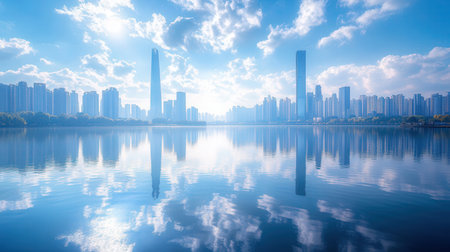 Landscape of modern city with skyscrapers and lake in Chinaの素材