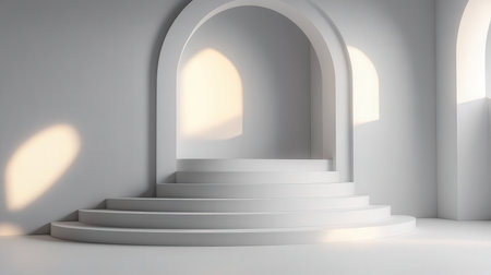 3d rendering of white stairs with arch and light from window.の素材
