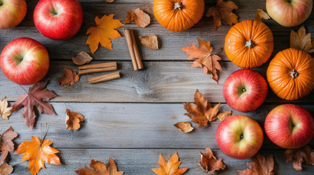Autumn composition with pumpkins, apples and leaves on wooden backgroundの素材
