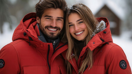 Portrait of a happy young couple in red jacket outdoors in winterの素材