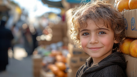 Portrait of a little boy on the market. Selective focus.の素材