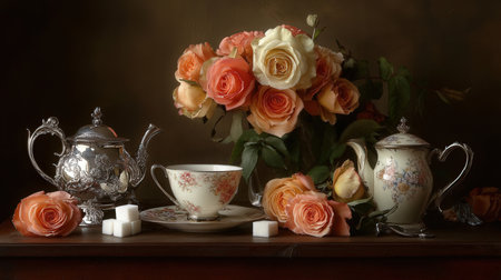 Still life with roses and a cup of tea on a wooden tableの素材