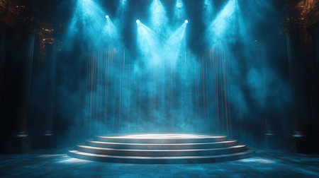 Stage with lighting, Stage Podium Scene with for Award Ceremony illuminated by spotlights.の素材