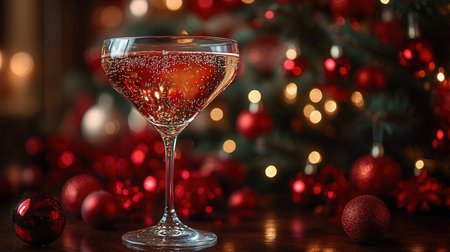 Glass of champagne with Christmas decorations on the background of the Christmas treeの素材