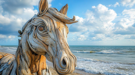 Wooden footpath in winter forest covered with snow with Christmas lightsの素材