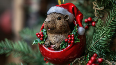 Christmas decoration with cute little beaver in red Santa hat on Christmas treeの素材