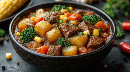 Beef stew with vegetables in bowl on black background, closeupの素材