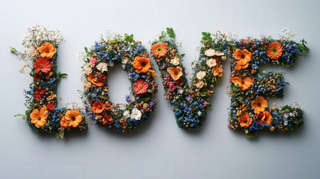 Love word made of flowers on gray background. Valentines day conceptの素材