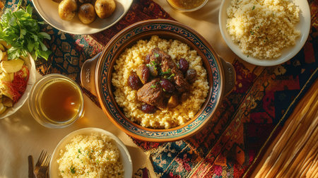 Traditional moroccan couscous with meat and vegetables, top viewの素材