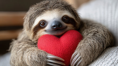 Cute sloth holding red heart on the bed, close upの素材