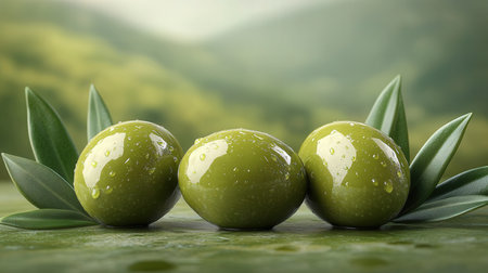 Green olives with leaves on a green background. 3d renderingの素材