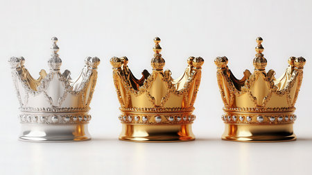 Gold and silver crowns on a white background, close-upの素材