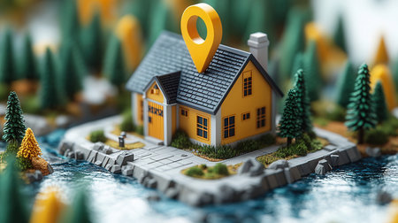 Miniature house with a pointer on the map. 3d illustrationの素材