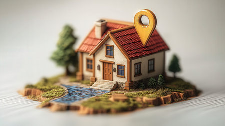 Miniature house with pin on the map. Real estate concept.の素材
