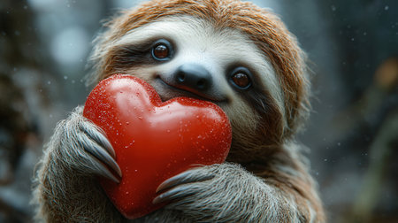 Two-toed sloth holding red heart in the forest.の素材