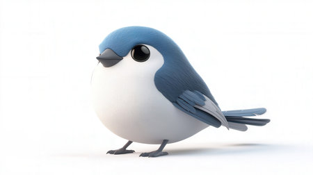 Cute blue bird with sunglasses isolated on white background. 3D illustration.の素材