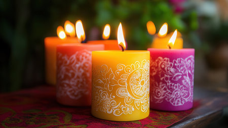 Burning candles in the garden, close-up, selective focusの素材