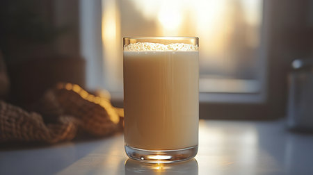 Glass of tasty fresh milk on table, closeup. Space for textの素材