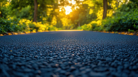 Asphalt road in the forest at sunset, close-up.の素材