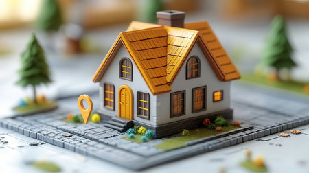 Miniature model of a house on the background of a map.の素材