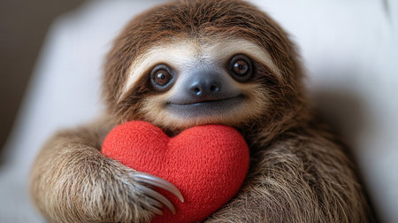 Close up of cute baby sloth holding red heart, selective focusの素材