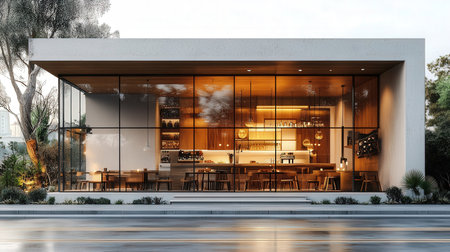 3d rendering of modern cafe with open space and street view.の素材