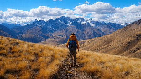 Hiker on the trek in Cordillera Huayhuash, Peruの素材