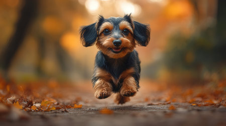 Dachshund running in the autumn forest. Portrait of a cute dog.の素材