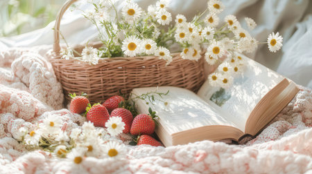 Basket with daisies, strawberries and open book on bedの素材