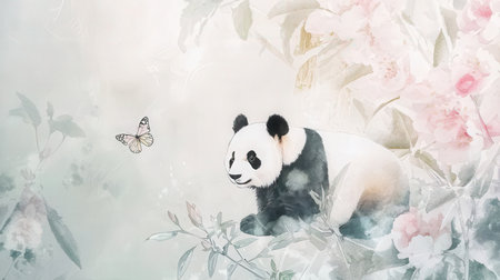 Panda bear on flower background with butterflies, digital watercolor paintingの素材