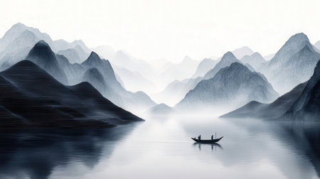 Fantasy Landscape with a boat in the middle of a lakeの素材