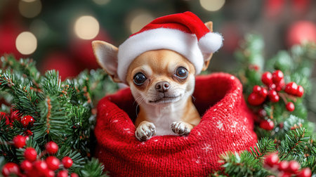 Cute chihuahua puppy in Santa Claus hat with Christmas tree on backgroundの素材