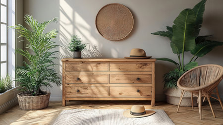 Interior of modern living room with wooden commode, armchair and tropical plants. 3d renderの素材