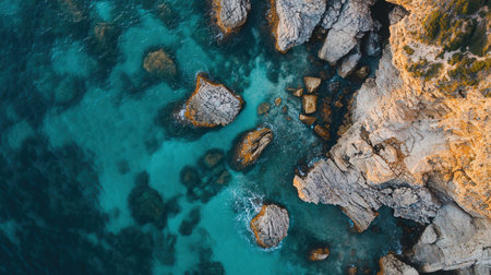Aerial view of beautiful seascape with turquoise sea water and rocksの素材