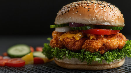 Homemade hamburger with chicken nuggets and fresh vegetables on black backgroundの素材