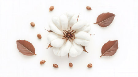 White cotton flower and brown leaves on white background. Flat lay, top viewの素材