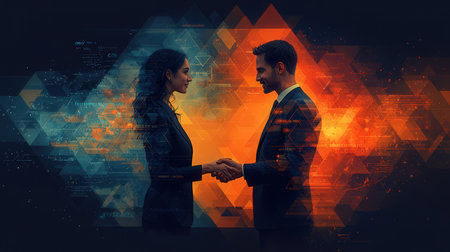 Businessman and businesswoman shaking hands with each other in abstract backgroundの素材