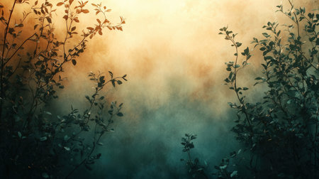 Grunge background with leaves in foggy forest at sunsetの素材