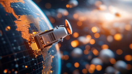 View of a Space station flying over the planet earth 3d renderingの素材