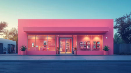 3d rendering of a modern building in the city at sunset.の素材