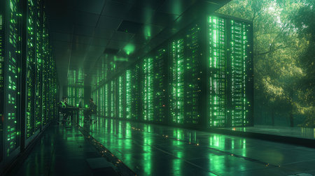 3d render of server room with green lights in the background.の素材