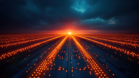 Solar panels at sunset. Photovoltaic cells. 3D renderingの素材