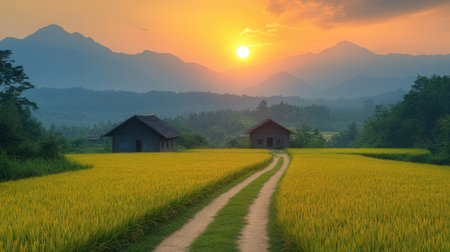 Rice field at sunset in Mae Hong Son province, Thailand.の素材